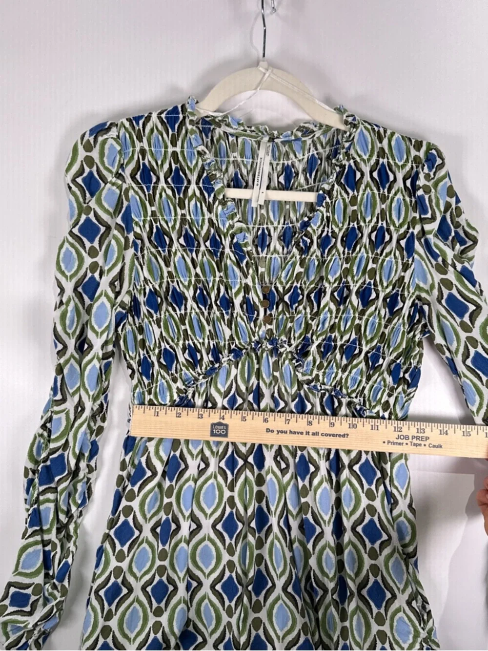 By Anthropologie Ruffle Mini Dress Smocked Long Sleeve Ikat Blue Green S - Picture 13 of 14